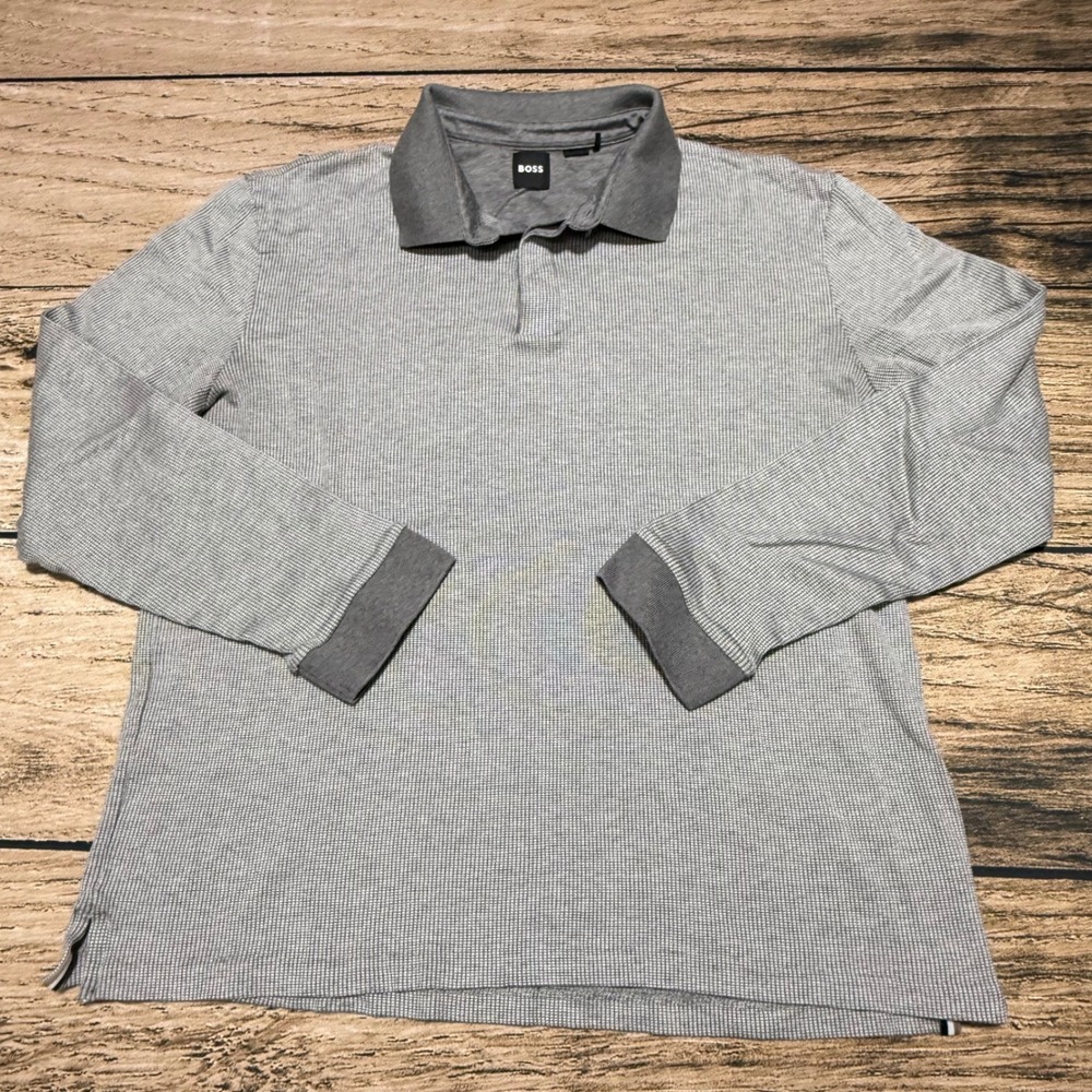 BOSS Hugo Boss Polo Shirt Mens XL Grey H-Pado 431 Long Sleeve Cotton Textured
